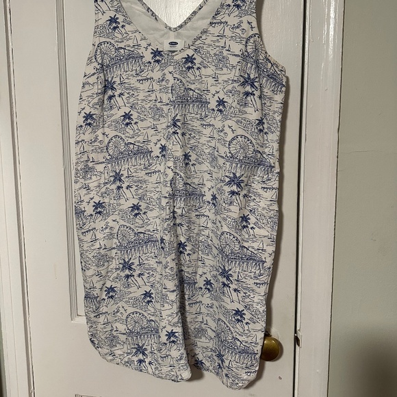 Fun vacation-print white and blue linen Old Navy dress WITH POCKETS, size M - Picture 2 of 7
